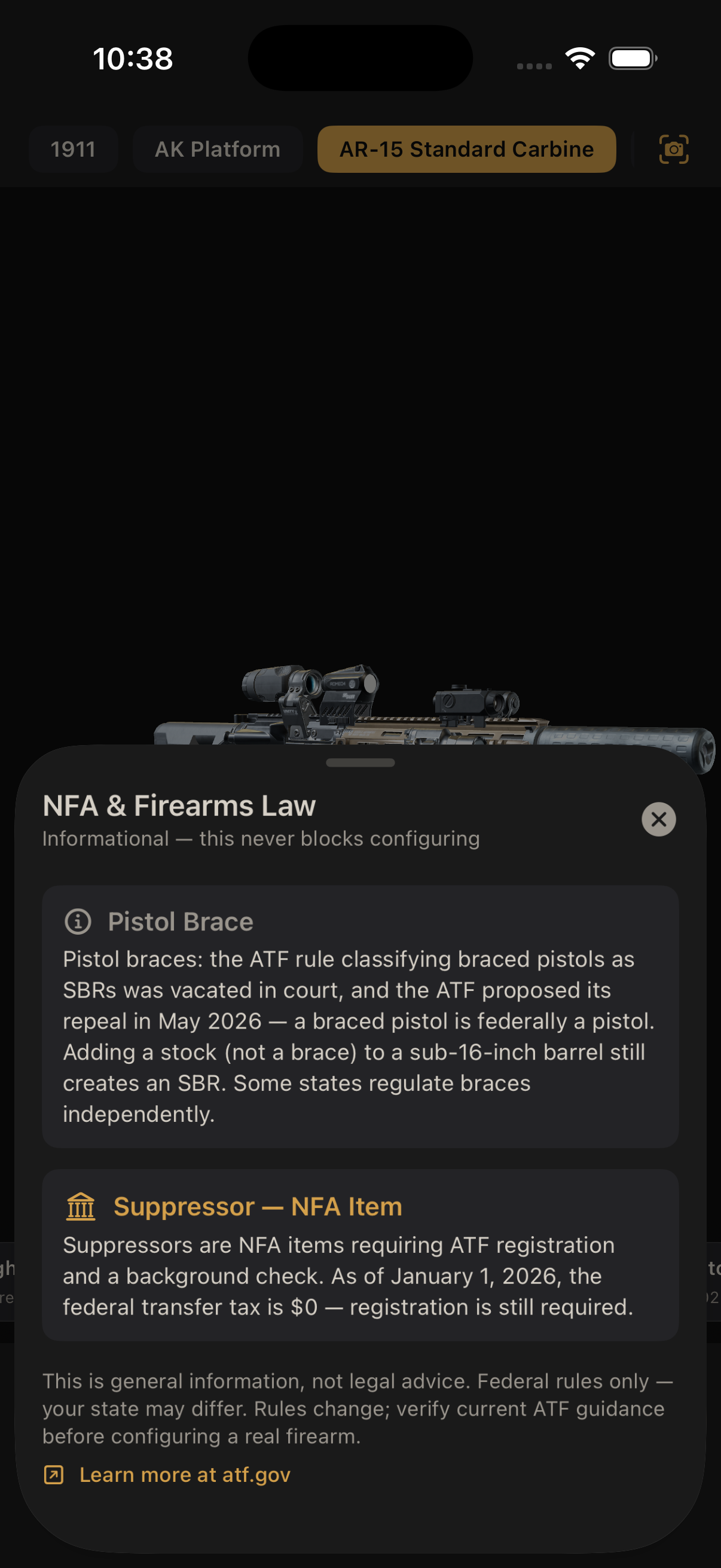 NFA and Firearms Law education sheet explaining pistol braces and suppressor registration